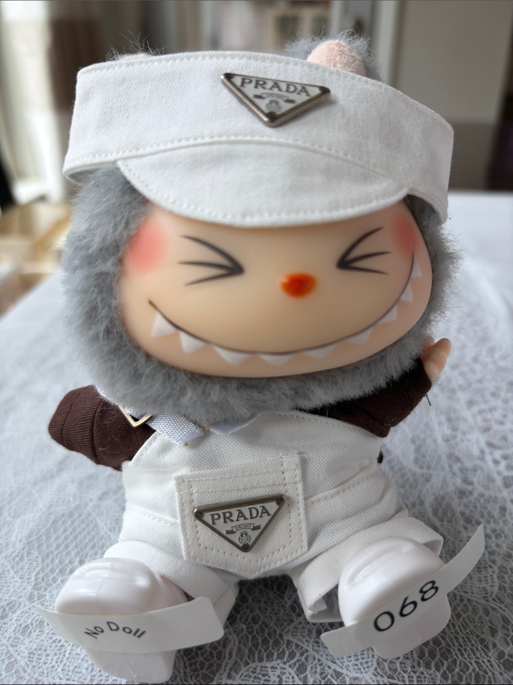 068, 3 Piece Prada Logo Outfit 4Labubu Doll mini Overalls/visor(No Doll)